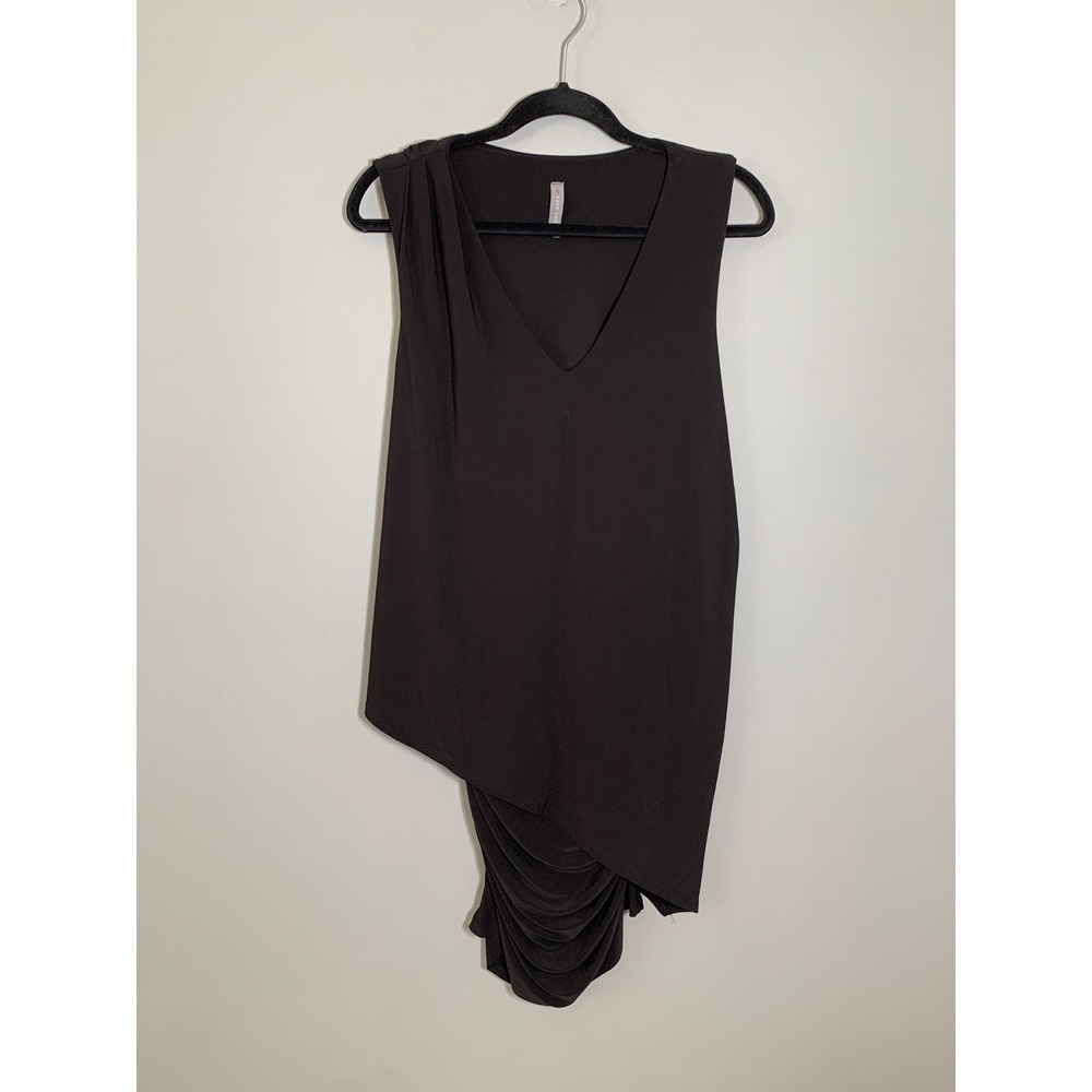 Last Tango Asymmetrical Ruched Hem Dress Women Black V-Neck Sleeveless Drape